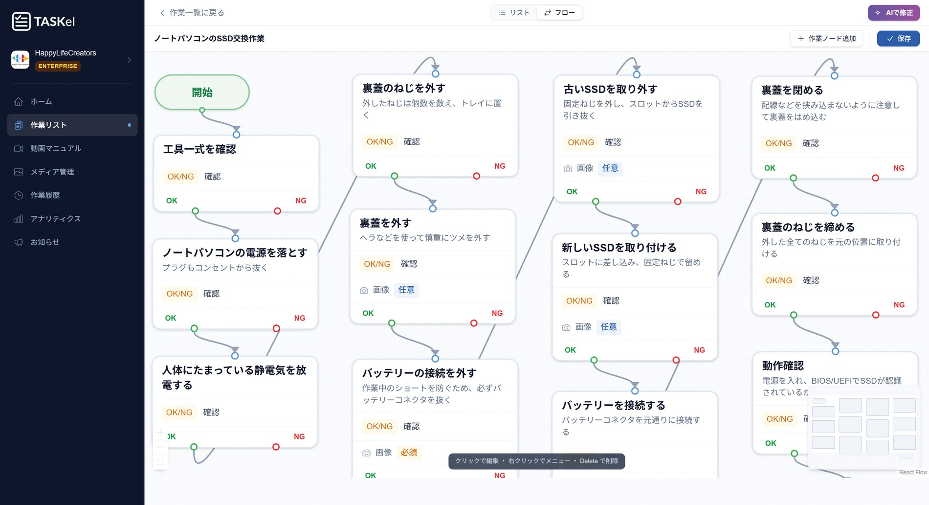 TASKelの作業リスト作成画面。作業手順をフローチャートで組み立てている様子。